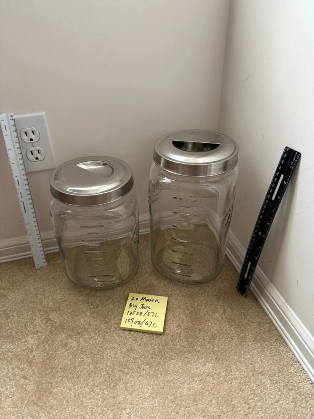 2 x big Mason jars Glass Kitchen Storage with Silver Metal lids rare